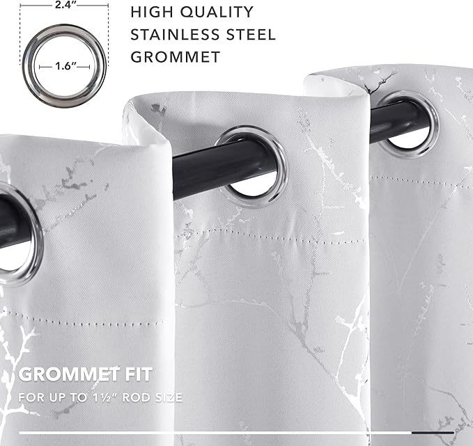 Deconovo Greyish White Curtains, Room Darkening Curtain, Thermal Insulated Soundproof Drapes, Silver Branch Print, 42 x 63 Inch Long, Grommet Window Panels for Living Room Bedroom Nursery, Set of 2