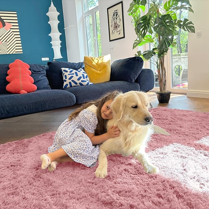 OLANLY 6x9 Machine Washable Large Area Rugs for Living Room, Bedroom, Soft Fluffy Shaggy Bedside Rug, Indoor Floor Carpet for Kids Girls and Boys, Dorms, Nursery, Home Decor Aesthetic, Pale Pink