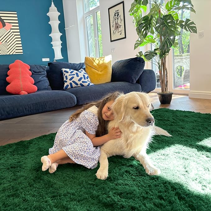 OLANLY 2x5 Machine Washable Runner Rugs for Hallway, Soft Fluffy Shaggy Bedside Rugs for Bedroom, Living Room, Indoor Floor Carpet for Kids Girls Boys, Nursery Rooms, Home Decor Aesthetic, Dark Green