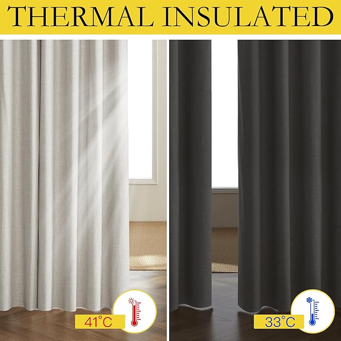 NICETOWN Snowbound Vintage Linen 100% Blackout Curtains for Living Room, Thermal Insulated Curtains 95“ Long, Noise Reducing Window Treatment Drapes for Home Office, 62" Wide Per Panel, Set of 2