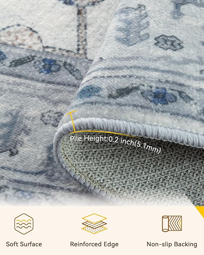 Area Rugs 8ft Washable Non-Slip, Floral Vintage Distress Print Pattern Medallion Carpet for Living Room Bedroom Dining Room, Light Blue Navy Beige Gray White