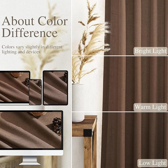 Caramel Brown Linen Curtains for Living Room Extra Long 132 Inches Long Back Tab Light Filtering Semi Sheer Curtain Vintage Rustic Decor Floor to Ceiling High Window for Bedroom 52x132, 2 Panels