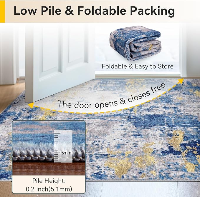 Washable Area Rugs 2'6''x8 Non-Slip Modern Abstract Soft for Living Room Entryway Bedroom Nursery, Print Pattern, Grey Blue Gold/Golden