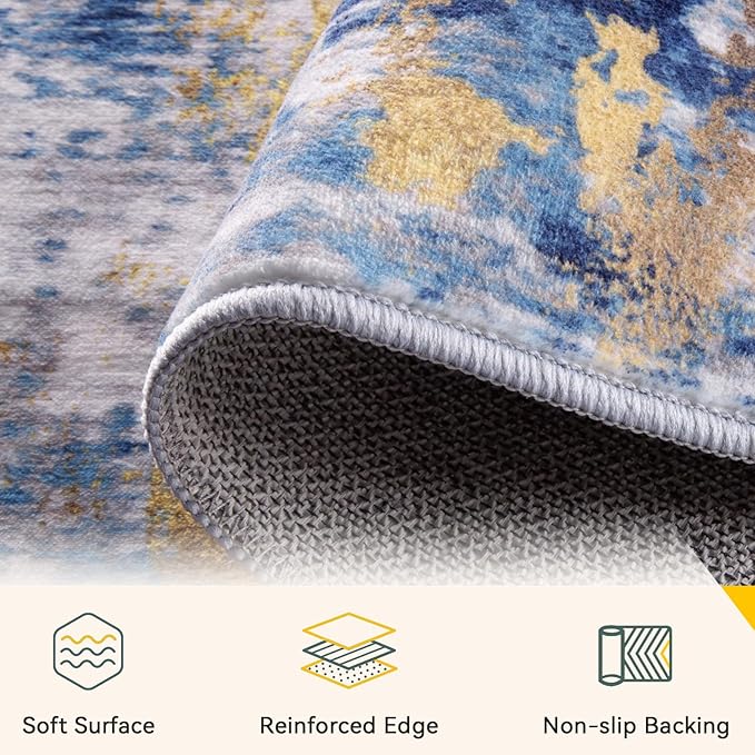 Washable Area Rugs 2'6''x10 Non-Slip Modern Abstract Soft for Living Room Entryway Bedroom Nursery, Print Pattern, Grey Blue Gold/Golden