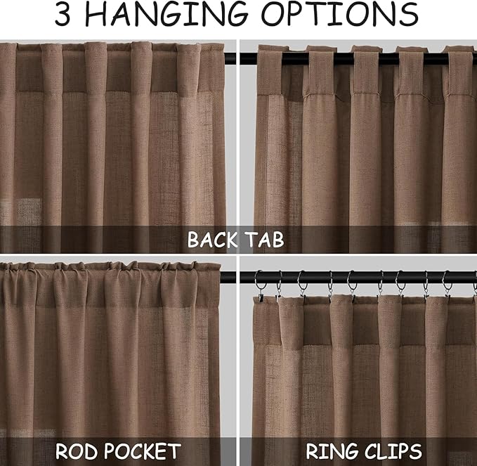 Caramel Brown Linen Curtains for Living Room Extra Long 132 Inches Long Back Tab Light Filtering Semi Sheer Curtain Vintage Rustic Decor Floor to Ceiling High Window for Bedroom 52x132, 2 Panels