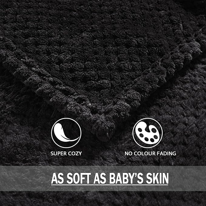 Exclusivo Mezcla Fleece Throw Blanket Extra Large, Super Soft and Warm Blankets for Couch, Sofa and Bed Waffle Textured, Cozy, Fuzzy and Lightweight (Black, 50x70 Inches)