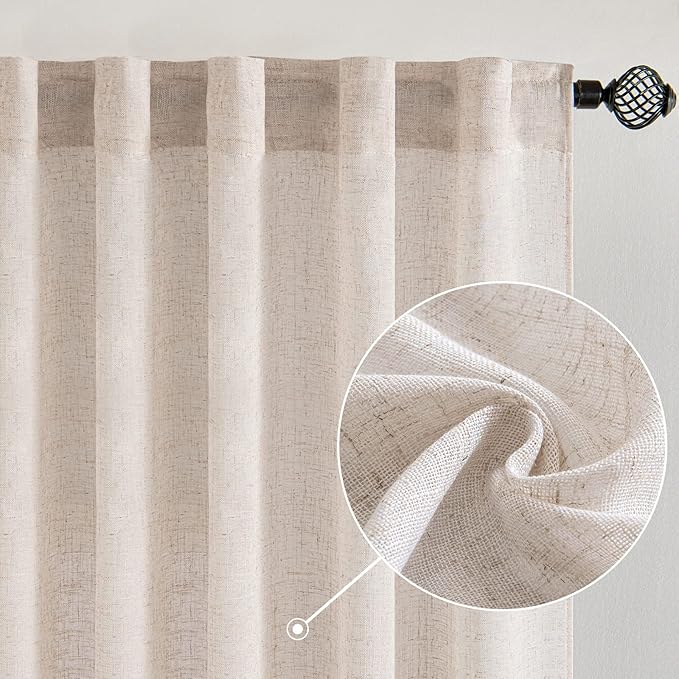 MIULEE Natural White Linen Curtains 63 Inch Length 2 Panels for Bedroom Living Room, Soft Thick Linen Textured Kitchen Window Drapes Semi Sheer Light Filtering Back Tab Rod Pocket Burlap Look Decor