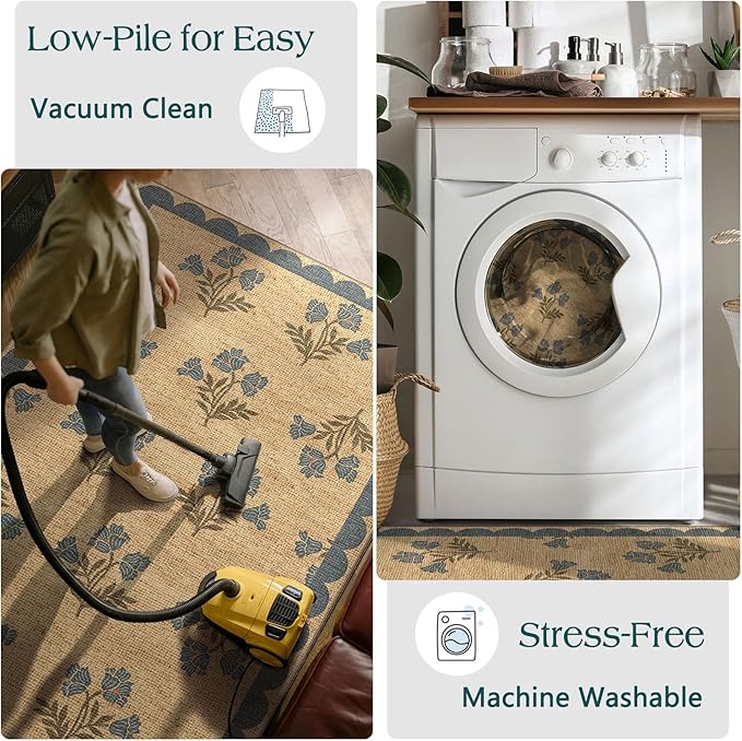 Front Door Mat Indoor Entrance - 2x4.3 Ft Blue Floral Washable Layered Doormat Outdoor Entrance Porch Rug Non-Slip Neutral Country Jute-Look Runner Rug for Kitchen Laundry Room Porch Decor