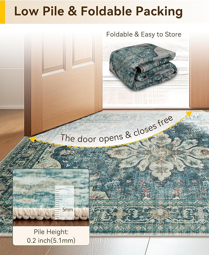 Area Rugs 2'x6' Runner Rug Non Slip Washable for Kitchen Hallway Bedroom Beside Laundry Room Bathroom Rug, Floor Carpet, Dark Blue Vintage