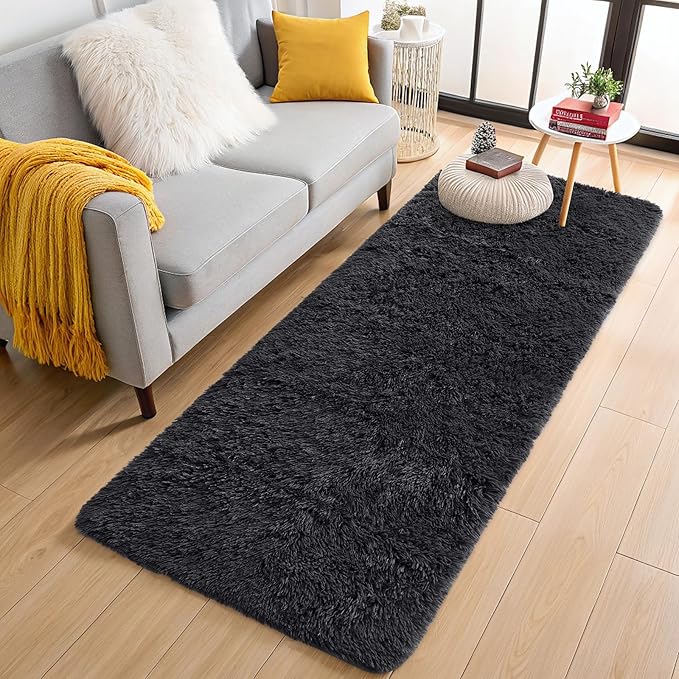 OLANLY 2x12 Machine Washable Runner Rugs for Hallway, Soft Fluffy Shaggy Bedside Rugs for Bedroom, Living Room, Indoor Floor Carpet for Kids Girls and Boys, Nursery Rooms, Home Decor Aesthetic, Black