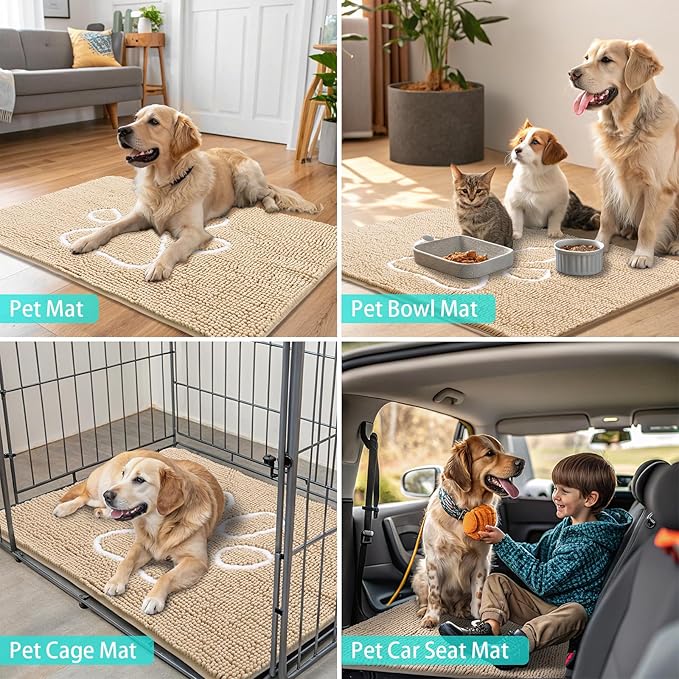 Smiry Dog Door Mat for Muddy Paws, Absorbent Dirt Trapper Non Slip Quick Dry Washable Chenille Mat for Mud Dogs, Entry Rug for Indoor and Outdoor (70x35 Inches, Beige and White)
