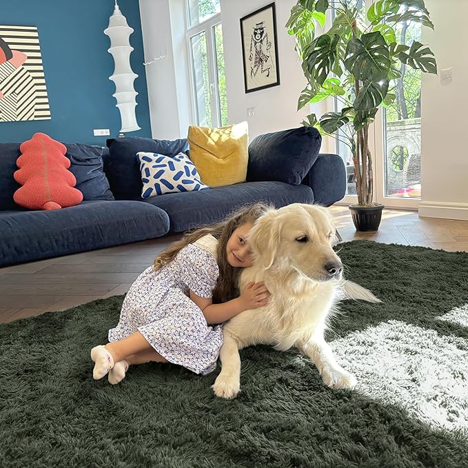 OLANLY 2x5 Machine Washable Runner Rugs for Hallway, Soft Fluffy Shaggy Bedside Rugs for Bedroom, Living Room, Indoor Floor Carpet for Kids Girls and Boys, Home Decor Aesthetic, Olive Green