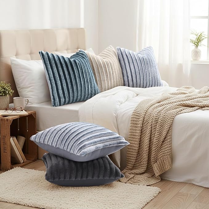 decorUhome Cozy Faux Fur Throw Pillow Covers 20x20 Set of 2 Decorative Soft Plush Striped Modern Farmhouse Boho Couch Pillow Cases with Velvet Back for Sofa Bed Living Room, Blue Grey