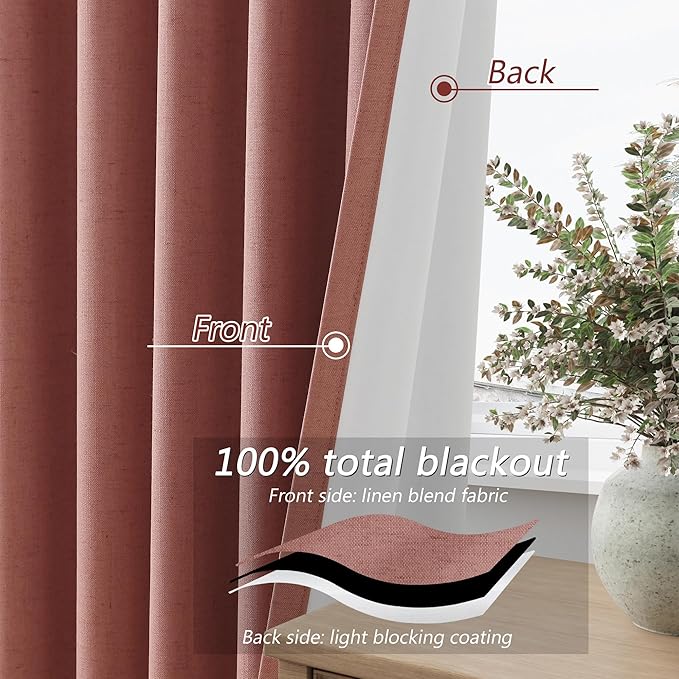 Guken 100% Blackout Curtains 120 Inch Length 2 Panels Set for Girls Bedroom Back Tab Thermal Insulated Black Out Linen Drapes Room Darkening Window Curtains 120 Inches Long,Dusty Rose