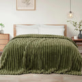 Exclusivo Mezcla Queen Size Flannel Fleece Blanket, Super Soft Striped Jacquard Bed Blanket, Lightweight Fuzzy Cozy for All Seasons, 90x90 Inches, Olive Green