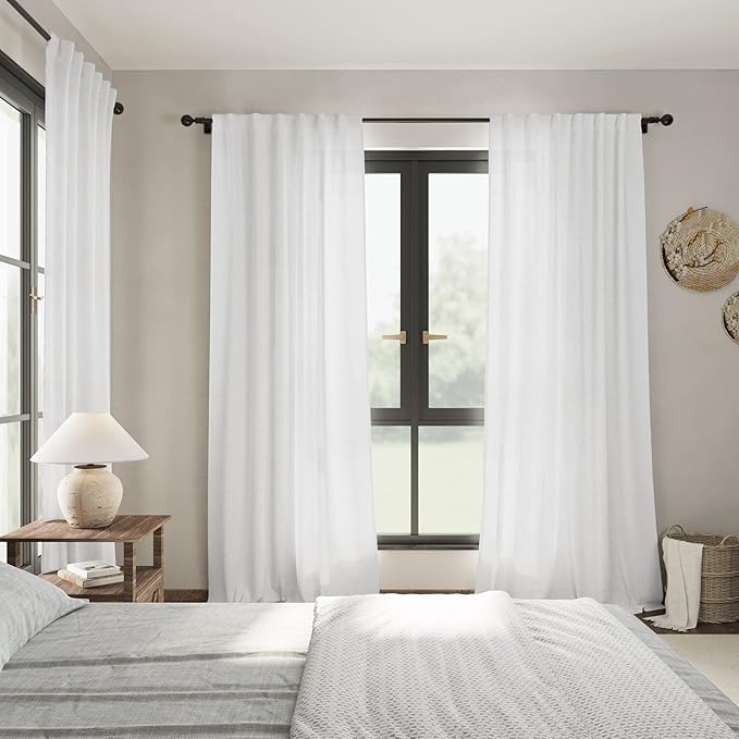 Extra Long White Curtain 108 inches Long 2 Panels Set for Living Room Back Tab Modern Farmhouse Decor Cotton Textured Off White Sheer Linen Curtains 108 inch Length for Large Window 9 FT Tall