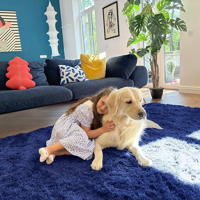 OLANLY 6x6 Area Rugs for Living Room Bedroom, Machine Washable Soft Fluffy Shaggy Bedside Rug, Indoor Floor Carpet for Kids Girls and Boys, Dorms, Nursery Rooms, Home Decor Aesthetic, Navy Blue