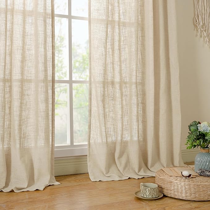 LAMIT Linen Curtains 40 Inch Length 2 Panels, Semi Sheer Light Filtering Panels Back Tab and Rod Pocket Neutral Drapes for Basement/Window/Loft Room, 34 x 40 Inch