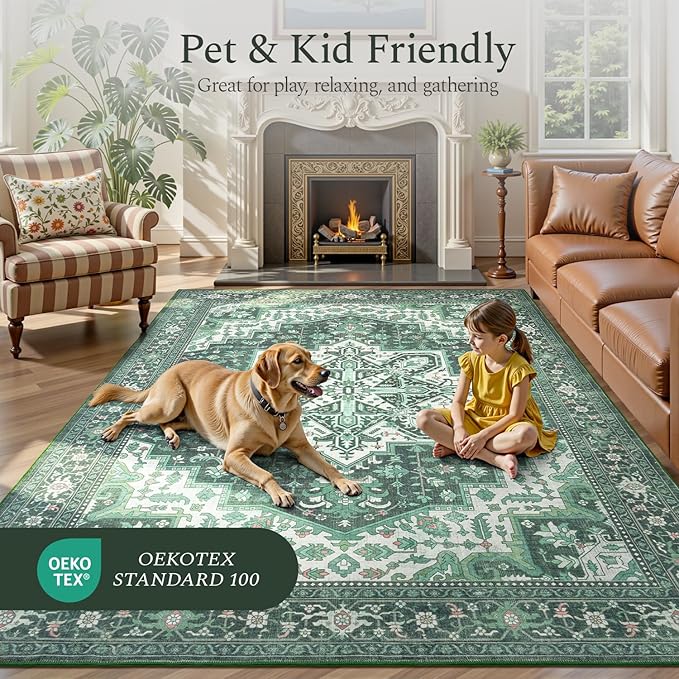 Rugflix 3x5 Area Rugs for Living Room, Machine Washable Rug Non Slip Stain Resistance, Small Rug Vintage Distressed Soft Carpet for Bedroom, Dining Room, Home Office, Green