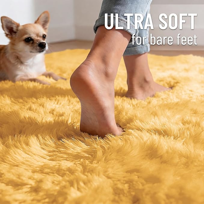 OLANLY 5x7 Machine Washable Large Area Rugs for Living Room, Bedroom, Soft Fluffy Shaggy Bedside Rug, Indoor Floor Carpet for Kids Girls and Boys, Dorms, Nursery, Home Decor Aesthetic, Mustard Yellow
