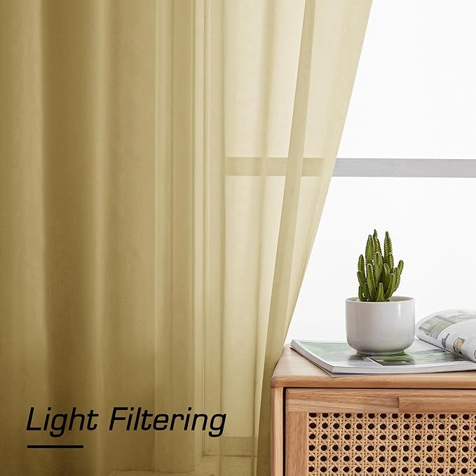 Simplebrand Gold Sheer Curtains 72 Inches Long 2 Panels for Living Room, Rod Pockets Airy Window Treatments Voile Sheer Curtains Panels Lightweight for Front Back Patio Glass Door, 42" Width