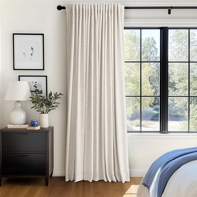 100% Blackout Shield Linen Blackout Curtains for Bedroom 90 Inches Long, Back Tab/Rod Pocket Living Room Drapes, Thermal Insulated Blackout Curtains 1 Panel Set, 100" W x 90" L, Cream