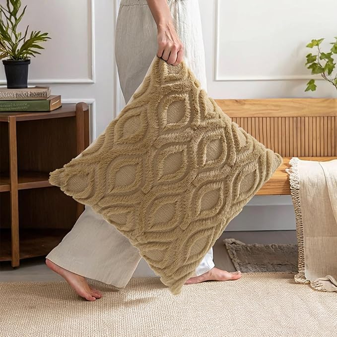 decorUhome Throw Pillow Covers 12x20 Inch Set of 2, Soft Plush Faux Wool Khaki Solid Couch Pillow Covers, Accent Farmhouse Neutral Rectangle Pillow Cases for Sofa Bed Living Room
