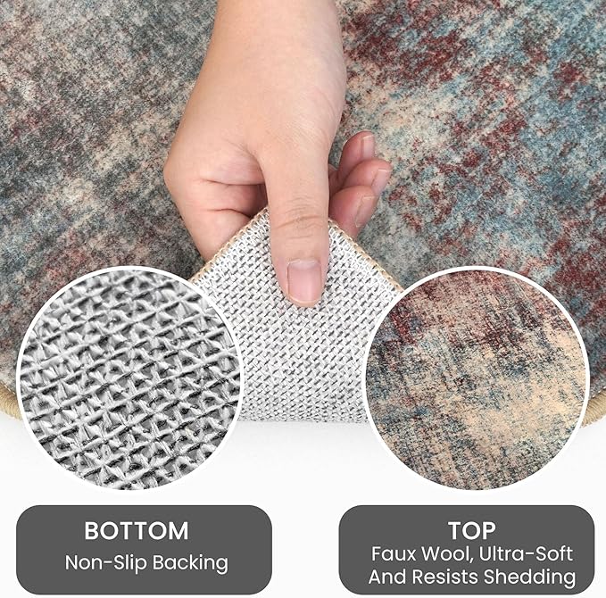 IOHOUZE Round Area Rug 5 Ft Circle Entryway Rugs Round Washable Door Mat Indoor Entrance, Non Slip Circle Front Door Rug, Printed Abstract Faux Wool Floor Carpet for Foyer Porch Sink, Red/Multi