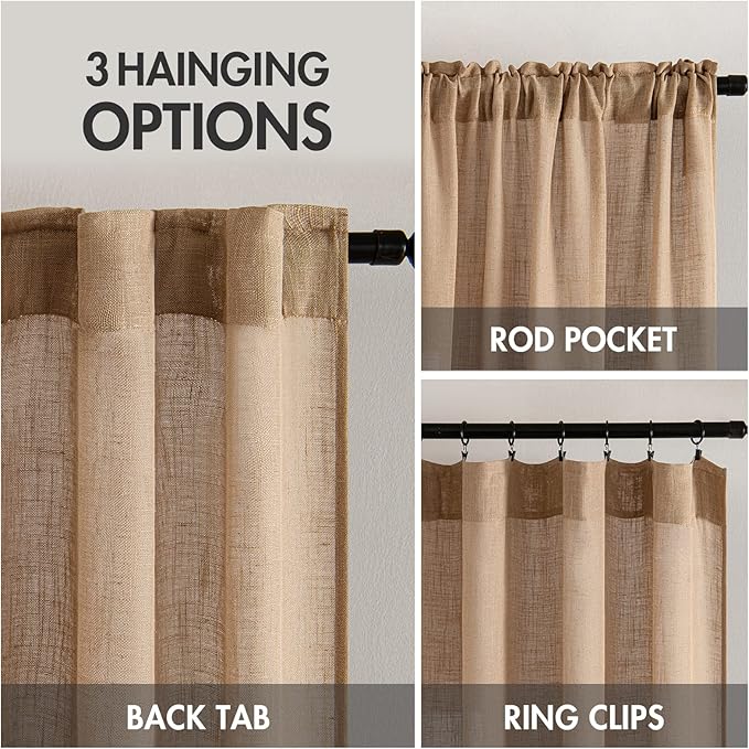 MIULEE Brown Linen Curtains 72 Inch Length 2 Panels for Bedroom Living Room, Soft Thick Linen Textured Window Drapes Semi Sheer Light Filtering Back Tab Rod Pocket Burlap Look Decor, W37xL72