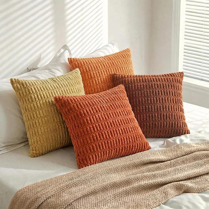 Fancy Homi Set of 4 Burnt Orange Fall Decorative Throw Pillow Covers 18x18 Inch for Couch Bed Chair, Modern Farmhouse Boho Room Decor, Soft Fuzzy Corduroy Textured Striped Cushion Case 45cm