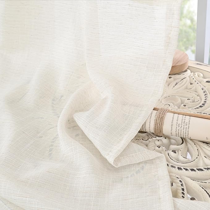BGment Short Semi Sheer Linen Curtains 30 Inch Length for Windows, Small Drapes Lightweight Rustic Country Textured for Cafe Over Sink Decor Rod Pocket, 2 Panels Set, 24 Inch Wide Each Panel