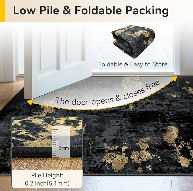 Washable Area Rugs 2'6'' x14 Non-Slip Modern Abstract Soft for Living Room Entryway Bedroom Nursery, Print Pattern, Dark Black Gold