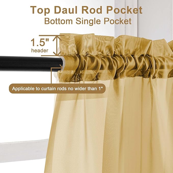 Chyhomenyc Gold Sheer Curtains 36 inch Length 2 Panels Set, Light Filtering Voile Rod Pocket Short Window Curtians for Bathroom Living Room Farmhouse Small Windows, Each 42Wx36L in, 2PCS, Gold