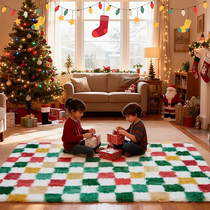 Christmas Area Rug 6x9 for Bedroom Living Room,Checkered Shag Rug Fuzzy Shaggy Bedside Carpet,Indoor Plush Floor Rugs for Kids Boys Girls Room Holiday Home Decor