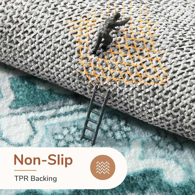 OPPODREAM Soft Area Rugs 3x5, Washable Rugs with Non Slip Backing, Low-Pile Throw 3x5 Carpet, Faux Cashmere 3 x 5 Carpet, Teal & Turquoise & Cream