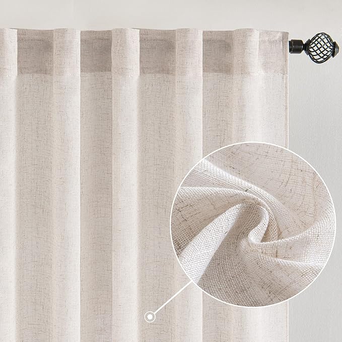 MIULEE White Linen Curtains 84 Inch Length 2 Panels for Bedroom Living Room, Soft Thick Linen Textured Natural Window Drapes Semi Sheer Light Filtering Back Tab Rod Pocket Burlap Look Decor