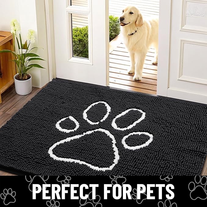 Smiry Dog Door Mat for Muddy Paws, Absorbent Dirt Trapper Non Slip Quick Dry Washable Chenille Mat for Mud Dogs, Entry Rug for Indoor and Outdoor (47x17 Inches, Black and White)