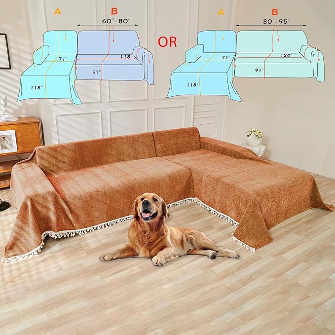HANDONTIME Dark Orange Sofa Covers Couch Cover for Dogs Colorful Tassel Lovetseat Cover Pet Couch Cover Bohemian Sofa Cover for Couch Vintage Boho Couch Covers Futon Cover Pet-Friendly, 91" X118"