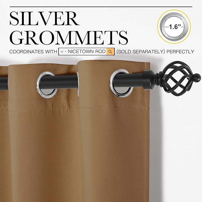 NICETOWN Sleek Blackout Curtains 63 inches Length for Small Windows, Noise Reducing and Block Draft Panels for Door Doorway Laundry Office Luxury Decor Theme (2 Panels, Gold Brown, W42 x L63 -Inch)