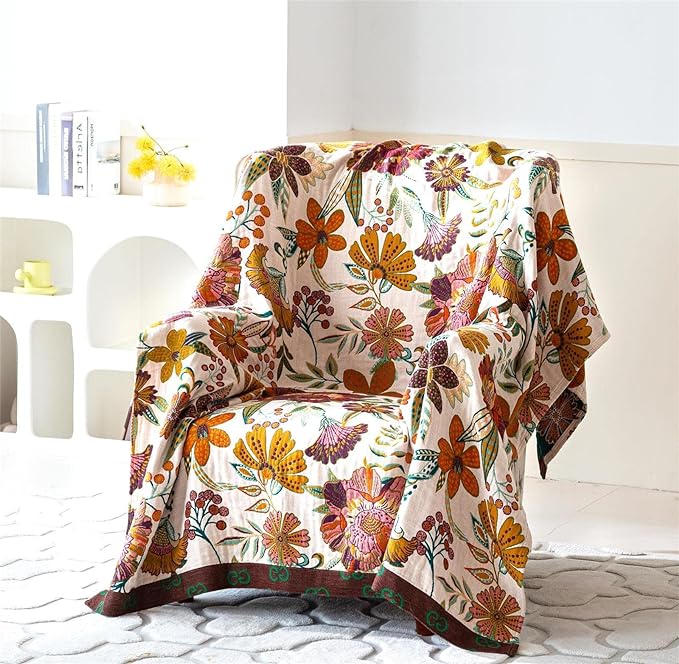 MSGKV Spring Throw Blanket for Couch, 100% Cotton Muslin Breathable Woven Bed Throws 60''x80'' Boho Vintage Quilt for All Seasons Lightweight Farmhouse Blankets Home Decoration