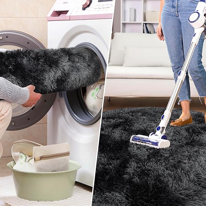 7x7 ft Tie Dye Black Round Rug for Bedroom Room Fluffy Circle Rug Furry Carpet Shaggy Circular Fuzzy Washable Non-Slip Large Area Rug Soft Indoor for Living Room Cute Aesthetic Home Decor