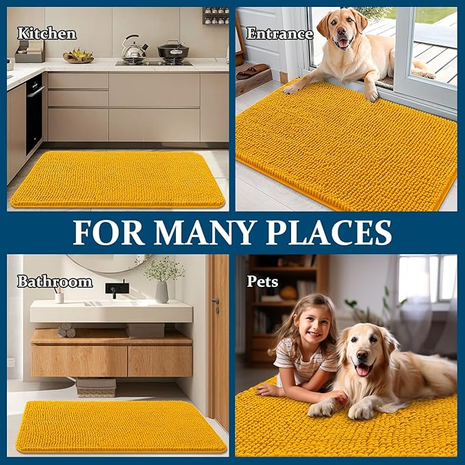 OLANLY Dog Door Mat for Muddy Paws 47x32, Absorbs Moisture and Dirt, Absorbent Non-Slip Washable Doormat, Quick Dry Chenille Mud Mat, Entry Indoor Entryway Carpet for Inside Floor, Golden Yellow
