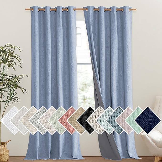NICETOWN Stone Blue Vintage Linen 100% Blackout Curtains for Living Room, Thermal Insulated Curtains 120" Long, Noise Reducing Window Treatment Drapes for Hall Room, 52" Wide Per Panel, Set of 2