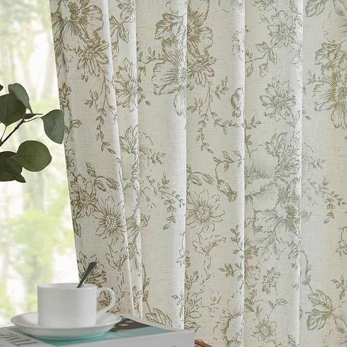 jinchan Linen Blend Floral Curtains for Living Room 108 Inches Extra Long Farmhouse Printed Curtain Back Tab Green Peony Flower Patterned Drapes Bedroom Window Curtains Set 2 Panels