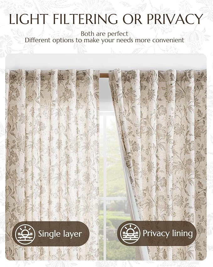 jinchan Lined Linen Floral Curtains for Living Room, 84 Inch Length Printed Flower Farmhouse Patterned French Country Back Tab Taupe Window Drapes Set Privacy Bedroom Curtains, 2 Panels
