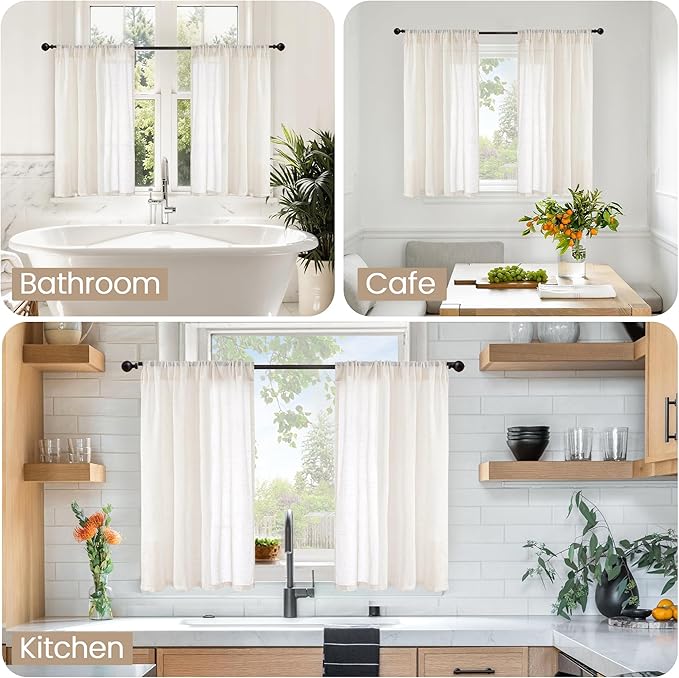 BGment Short Semi Sheer Linen Curtains 30 Inch Length for Windows, Small Drapes Lightweight Rustic Country Textured for Cafe Over Sink Decor Rod Pocket, 2 Panels Set, 24 Inch Wide Each Panel