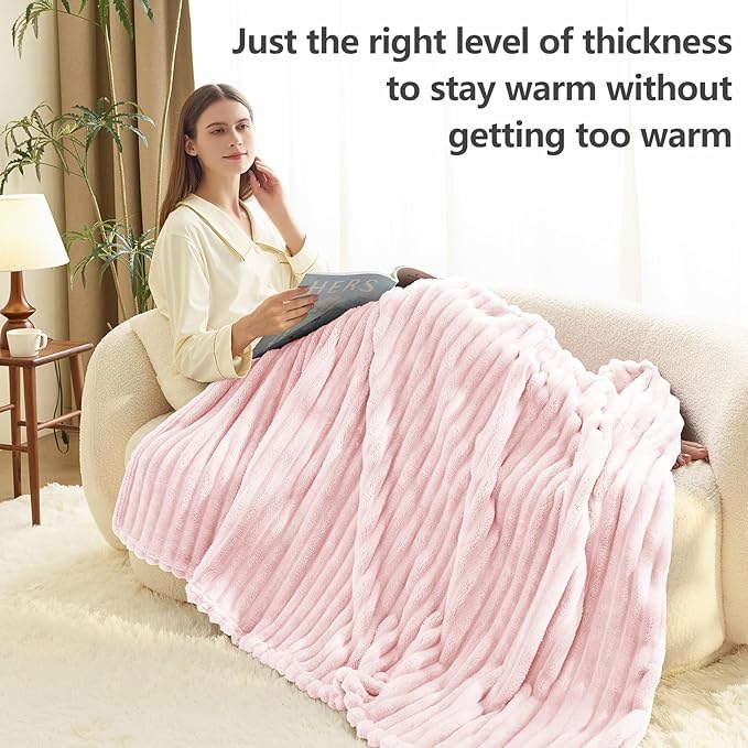 HIMEET Pink Ribbed King Size Blanket for Bed - 300GSM Lightweight Fleece Blanket for Men Women, Large Cozy Sofa Couch Bed Blankets Gifts, Striped Spring Home Room Decor, Pink, 108x90 Inches
