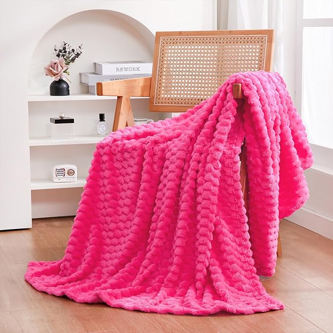 Puncuntex Hot Pink Throw Blanket 60"×80" inches Fuzzy 3D Jacquard Decorative Flannel Fleece Super Soft Plush Cozy Blanket for Couch Sofa Chair Lightweight