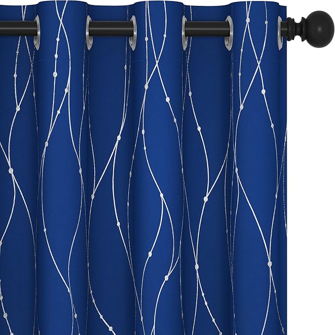 Deconovo Blackout Curtains, 52 x 54 Inch Drapes for Kitchen with Wave Dots Silver Print, Soundproof Thermal Insulated Window Curtain for Small Windows Nursery, Set of 2, Machine Washable, Royal Blue