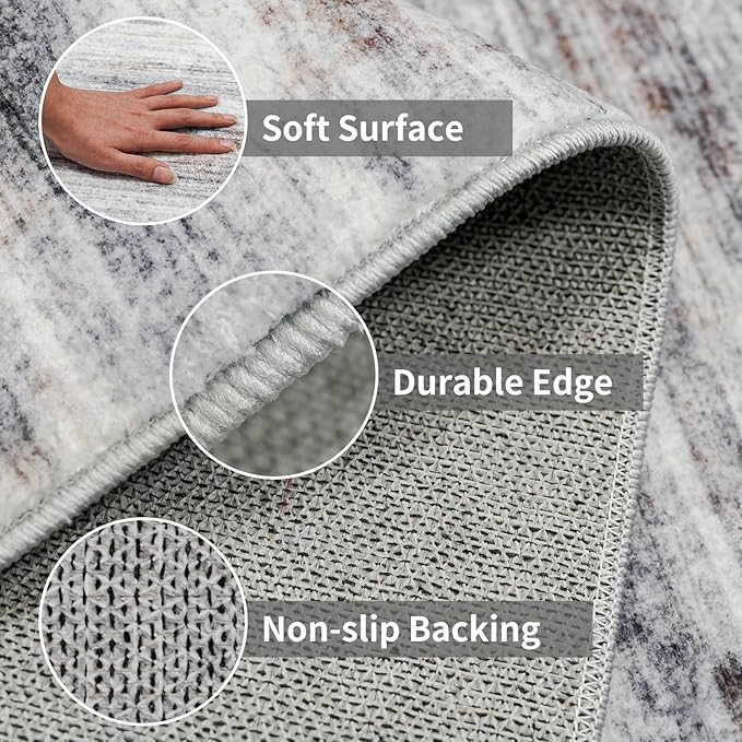 3x7 Washable Runner Rug for Family: Easy-to-Clean Runners for Hallway Entryway Kitchen Bedroom - Stain and Water Resistant Rugs with Non-Slip Backing - Soft Low-Pile Carpet Beige Grey